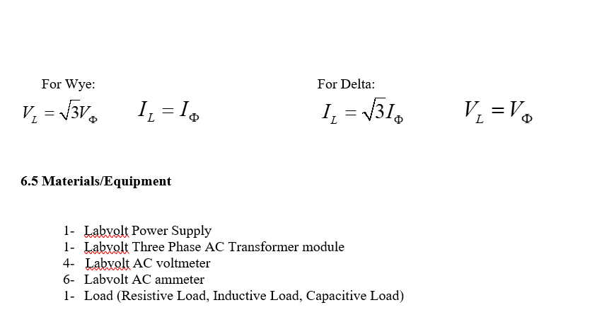 For Wye For Delta Vi 1316 11 Lo L 1 1312 L 6 5 Materials Equipment 1 Labvolt Power Supply 1 Labvalt Thr 1