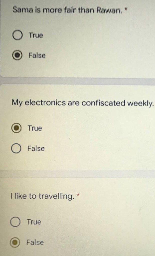 Sama Is More Fair Than Rawan O True False My Electronics Are Confiscated Weekly True O False I Like To Travelling 1