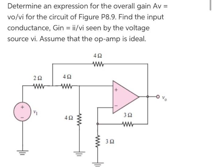 Determine An Expression For The Overall Gain Av Vo Vi For The Circuit Of Figure P8 9 Find The Input Conductance Gin 1