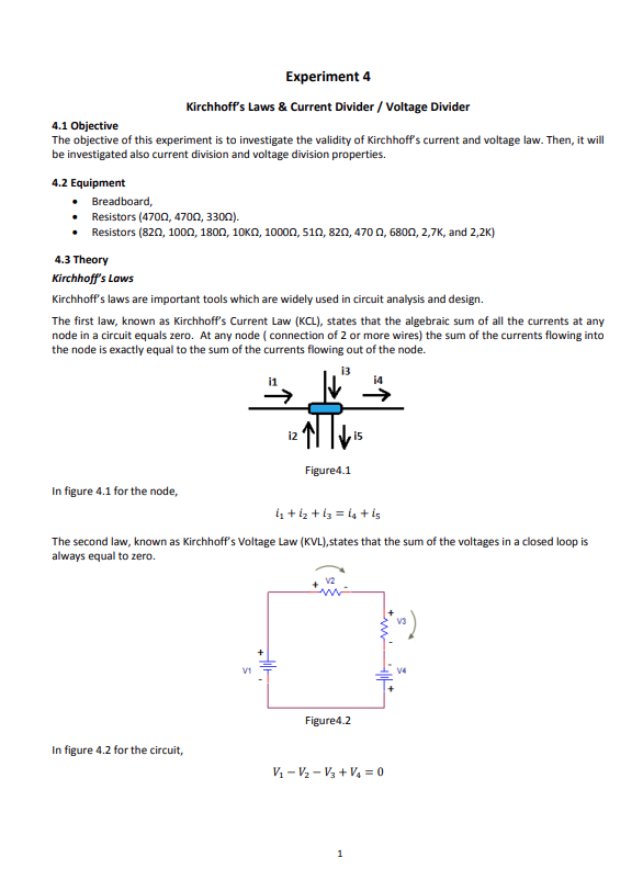 Experiment 4 Kirchhoff S Laws Current Divider Voltage Divider 4 1 Objective The Objective Of This Experiment Is To I 1