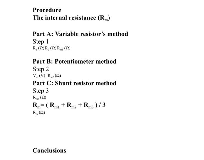 Procedure The Internal Resistance Rm Part A Variable Resistor S Method Step 1 R 2 R 2 R 22 Part B Potentiom 1