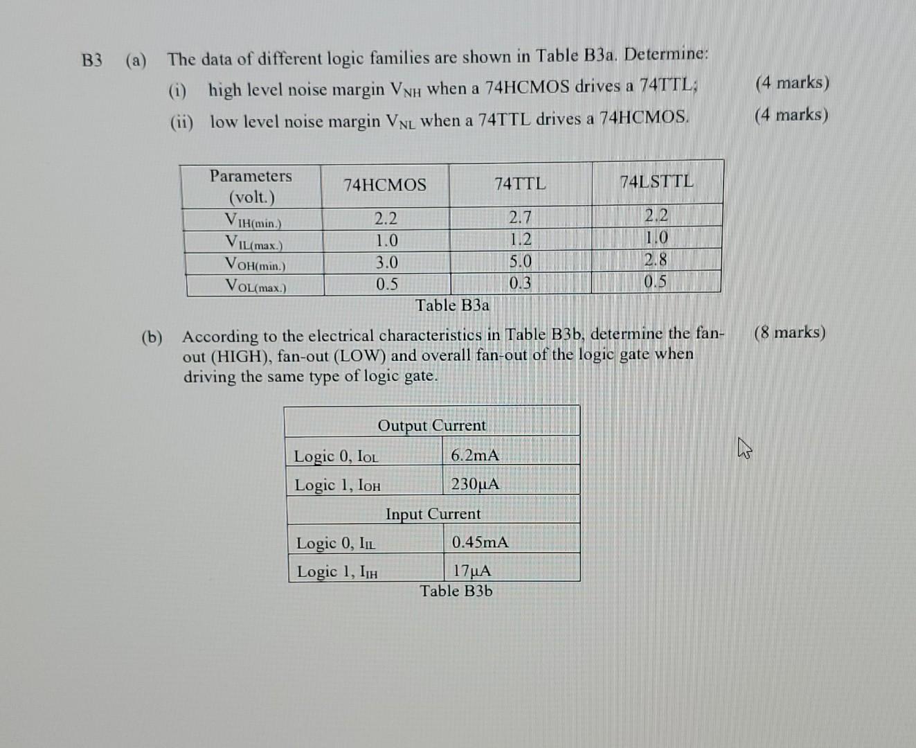B3 A The Data Of Different Logic Families Are Shown In Table B3a Determine I High Level Noise Margin Vnu When A 74 1