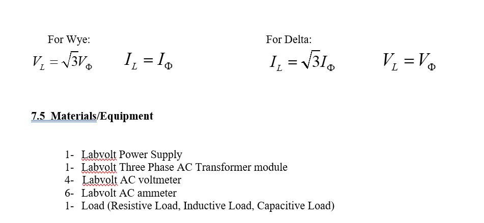 For Wye For Delta Vi 3v 1 10 1 1310 7 5 Materials Equipment 1 Labvolt Power Supply 1 Labvolt Three Phase 1