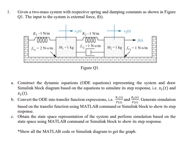 1 Given A Two Mass System With Respective Spring And Damping Constants As Shown In Figure Q1 The Input To The System I 1