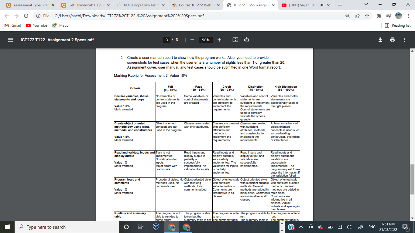 C Assessment Type Pra X C Get Homework Help Vx Koi King S Own Instit X In Course Ict272 Web D Ict272 T122 Assignm X 1