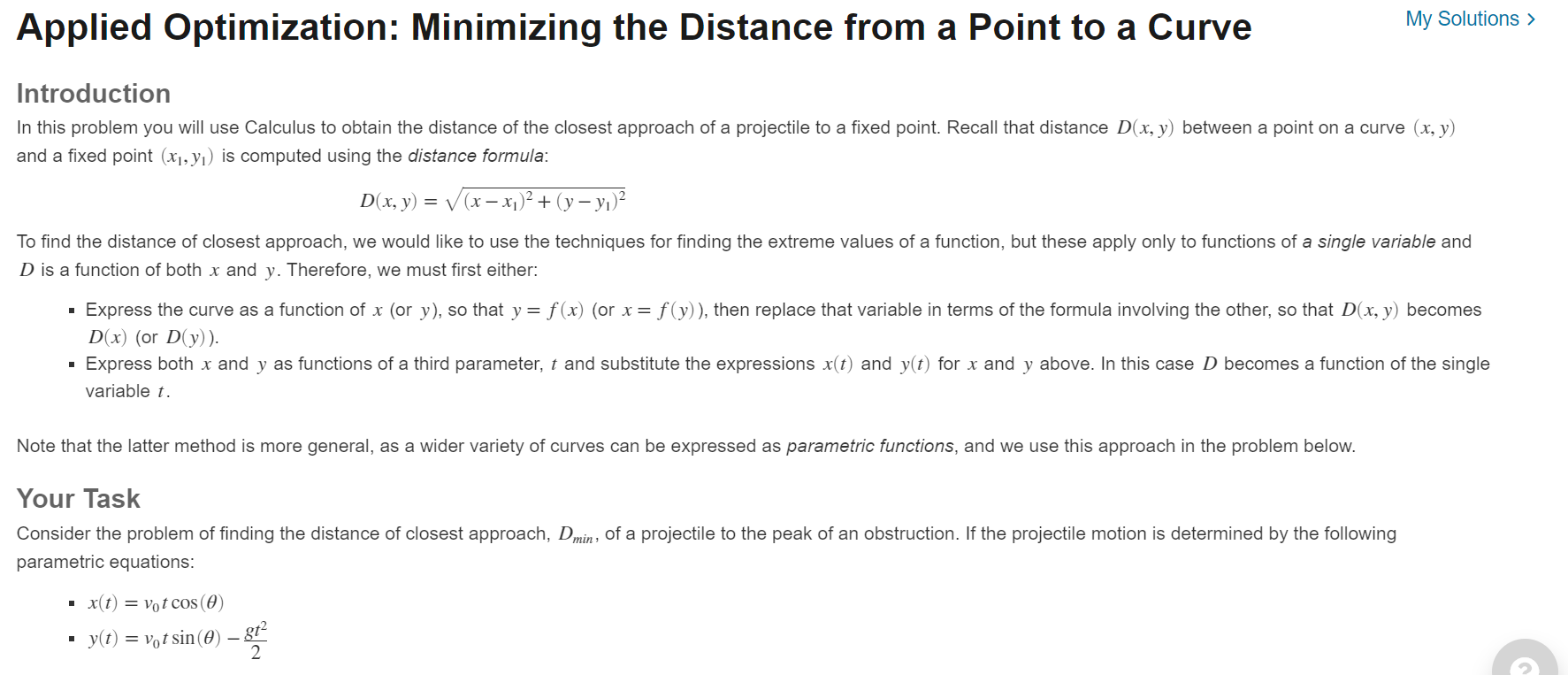 Applied Optimization Minimizing The Distance From A Point To A Curve My Solutions Introduction In This Problem You Wi 1