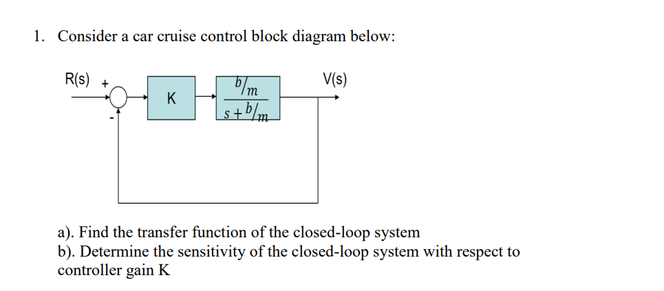 1 Consider A Car Cruise Control Block Diagram Below R S Om V S K Stolm A Find The Transfer Function Of The Close 1