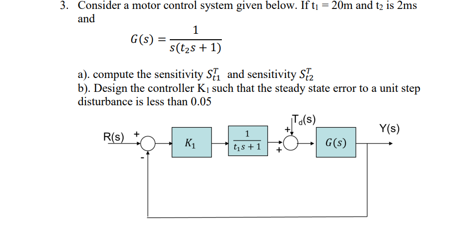 3 Consider A Motor Control System Given Below If T1 20m And T2 Is 2ms And 1 G S S T2s 1 A Compute The Sensit 1