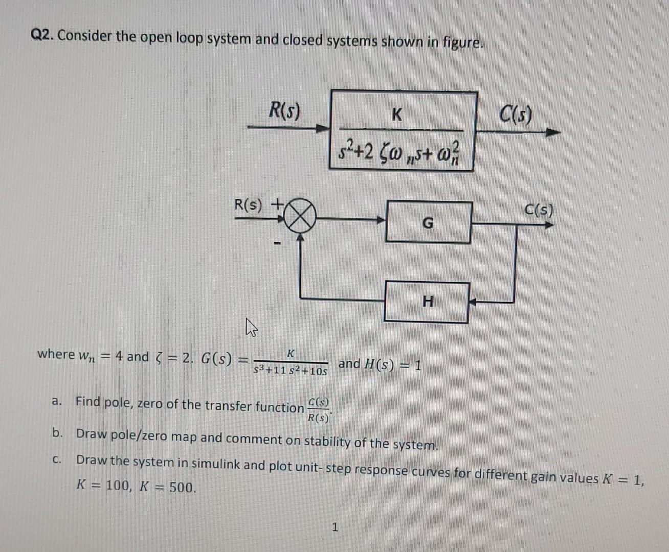 Q2 Consider The Open Loop System And Closed Systems Shown In Figure R S K C S 2 2 0 5 M R 5 C S G H W Where Wn 1