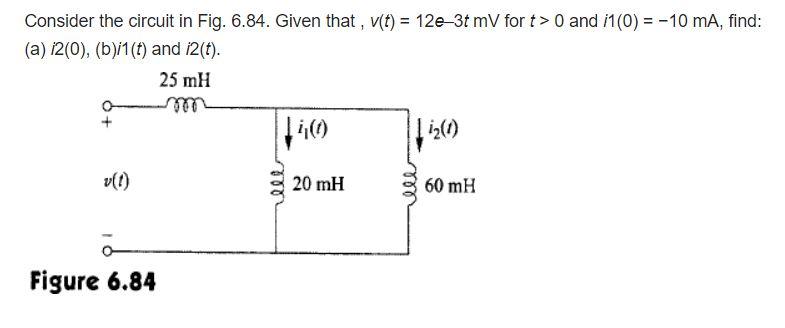 Consider The Circuit In Fig 6 84 Given That V T 12e 3t Mv For T 0 And I1 0 10 Ma Find A 2 0 B 1 T A 1