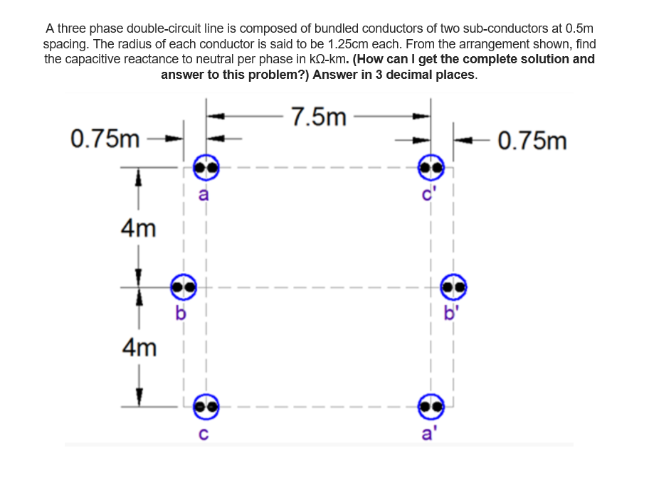 A Three Phase Double Circuit Line Is Composed Of Bundled Conductors Of Two Sub Conductors At 0 5m Spacing The Radius Of 1