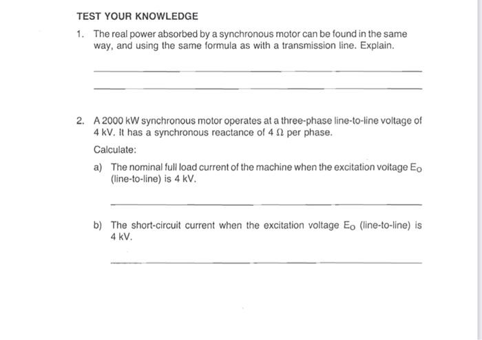 Test Your Knowledge 1 The Real Power Absorbed By A Synchronous Motor Can Be Found In The Same Way And Using The Same F 1