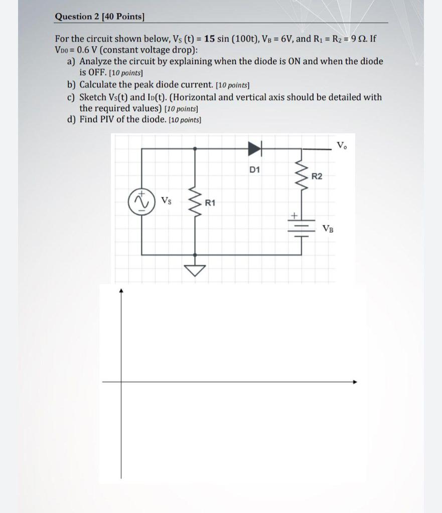 Question 2 40 Points For The Circuit Shown Below Vs T 15 Sin 100t V3 6v And R1 R2 9 22 If Vpo 0 6 V 1