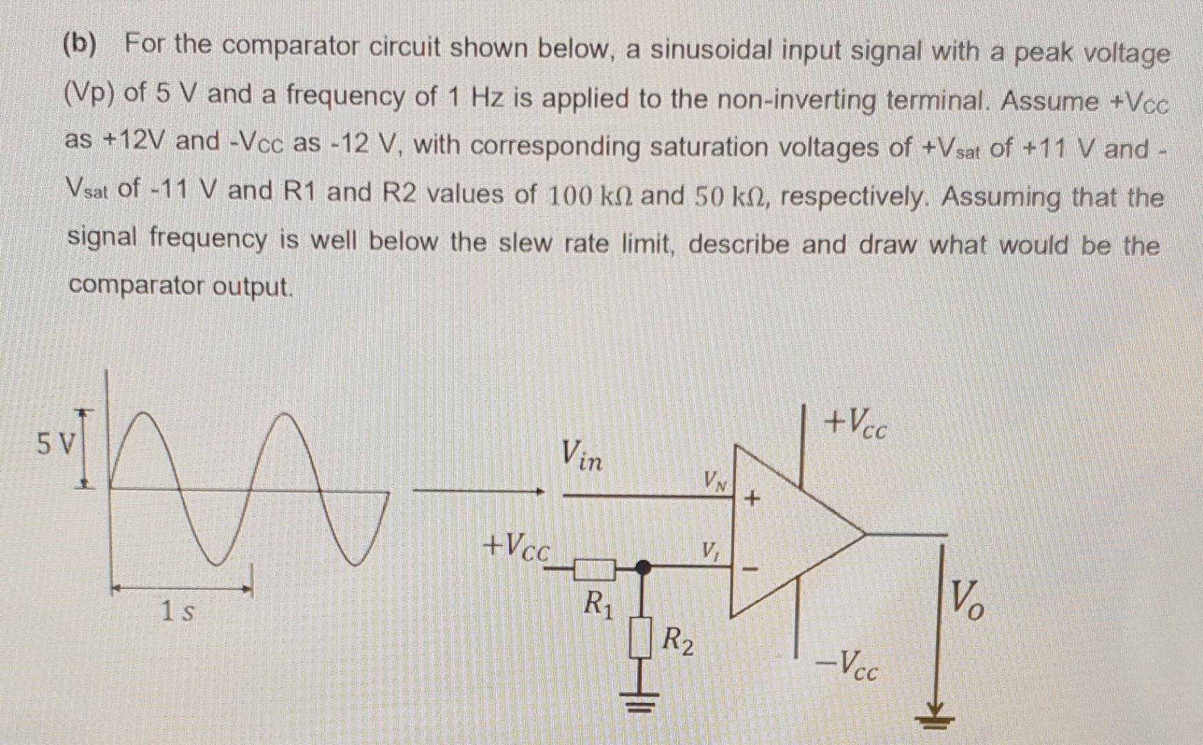 B For The Comparator Circuit Shown Below A Sinusoidal Input Signal With A Peak Voltage Vp Of 5 V And A Frequency Of 1