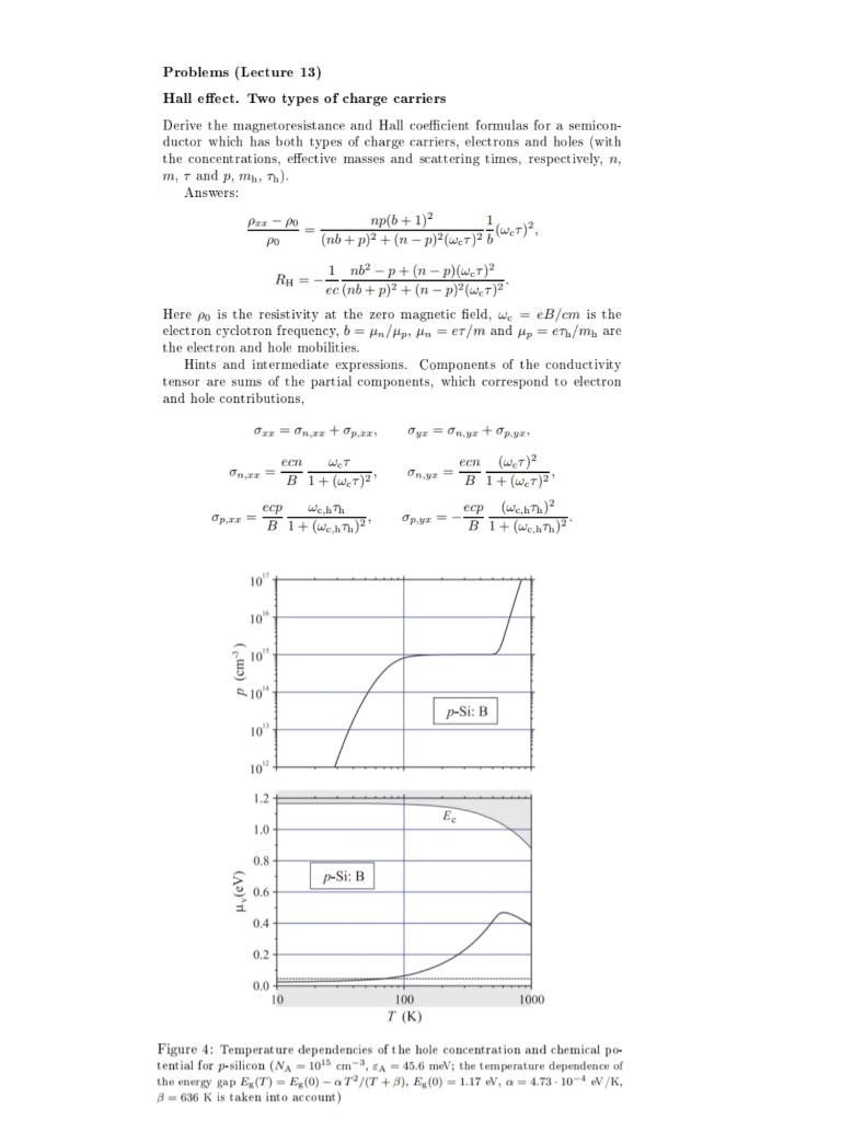 Problems Lecture 13 Hall Effect Two Types Of Charge Carriers Derive The Magnetoresistance And Hall Coefficient Formul 1