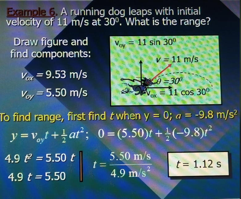 Example 6 A Running Dog Leaps With Initial Velocity Of 11 M S At 30 What Is The Range Draw Figure And Voy 11 Sin 3 1