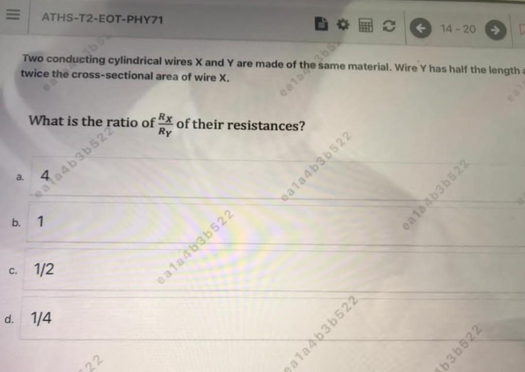Iii Aths T2 Eot Phy71 14 20 Two Conducting Cylindrical Wires X And Y Are Made Of The Same Material Wire Y Has Half Th 1