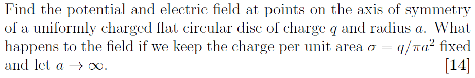 Find The Potential And Electric Field At Points On The Axis Of Symmetry Of A Uniformly Charged Flat Circular Disc Of Cha 1