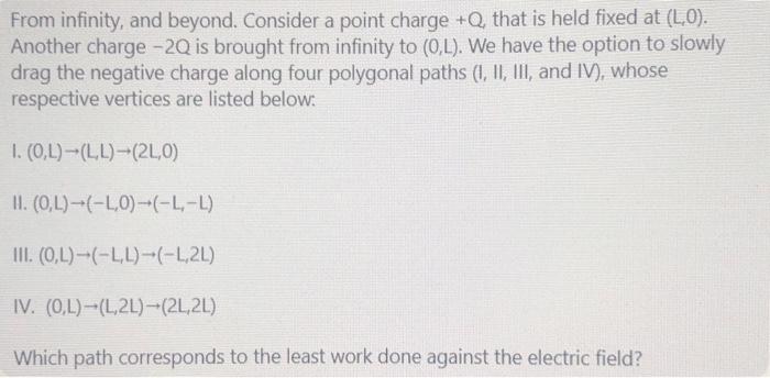 From Infinity And Beyond Consider A Point Charge Q That Is Held Fixed At L 0 Another Charge 20 Is Brought From I 1