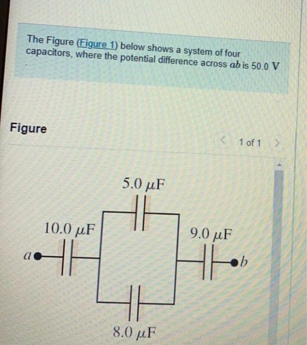 The Figure Figure 1 Below Shows A System Of Four Capacitors Where The Potential Difference Across Ab Is 50 0 V Figure 1