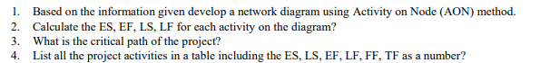 1 Based On The Information Given Develop A Network Diagram Using Activity On Node Aon Method 2 Calculate The Es Ef 1