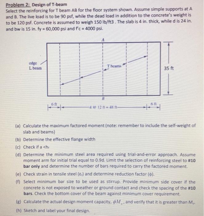 Problem 2 Design Of T Beam Select The Reinforcing For T Beam Ab For The Floor System Shown Assume Simple Supports At A 1