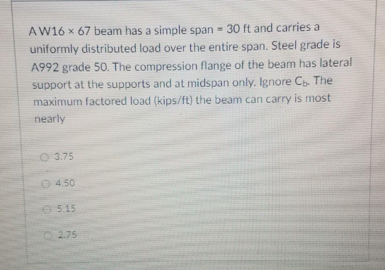 Aw16 X 67 Beam Has A Simple Span 30 Il And Carries A Uniformly Distributed Load Over The Entire Span Sleel Grade Is A 1