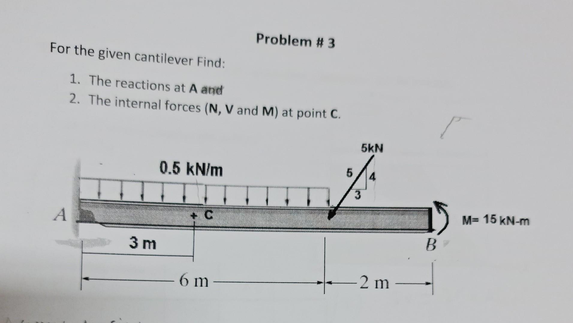 Problem 3 For The Given Cantilever Find 1 The Reactions At A And 2 The Internal Forces N V And M At Point C 5kn 1
