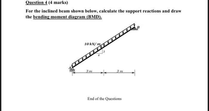 Question 4 4 Marks For The Inclined Beam Shown Below Calculate The Support Reactions And Draw The Bending Moment Diag 1