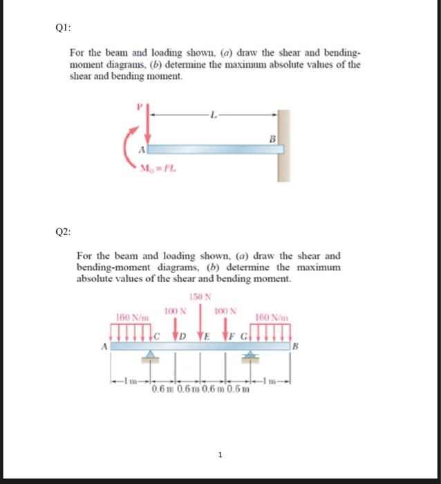 Q1 For The Beam And Loading Shown A Draw The Shear And Bending Moment Diagrams B Determine The Maximum Absolute 1