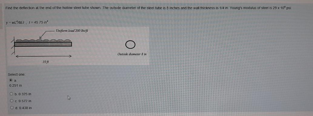 Find The Deflection At The End Of The Hollow Steel Tube Shown The Outside Diameter Of The Steel Tube Is 8 Inches And Th 1
