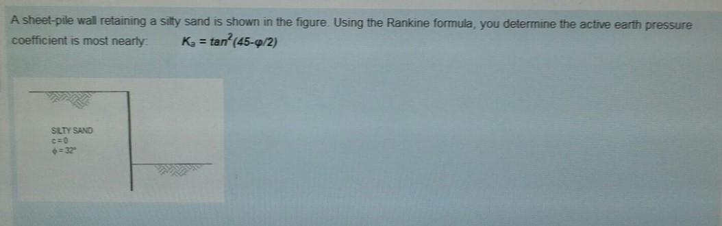 A Sheet Pile Wal Retaining A Sily Sand Is Shown In The Figure Using The Rankine Formula You Determine The Active Earth 1