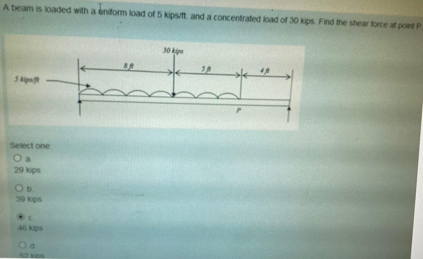A Beam Is Loaded With A Uniform Load Of 5 Kipsn And A Concentrated Load Of 30 Kipys Find The Shear Forte At Pontp 30 Kip 1