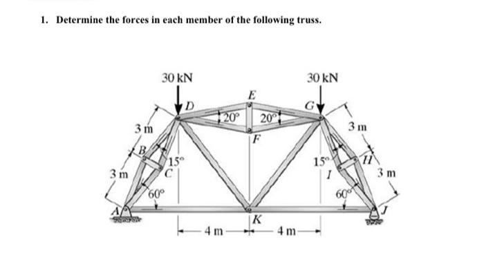 1 Determine The Forces In Each Member Of The Following Truss 30 Kn 30 Kn D 3 M 20 2006 F 3 M 150 15 3 M 1 3 M 60 Aa 1