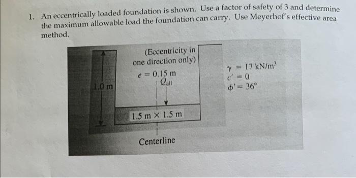 1 An Eccentrically Loaded Foundation Is Shown Use A Factor Of Safety Of 3 And Determine The Maximum Allowable Load The 1