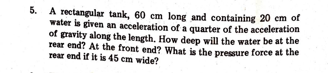 5 A Rectangular Tank 60 Cm Long And Containing 20 Cm Of Water Is Given An Acceleration Of A Quarter Of The Acceleratio 1