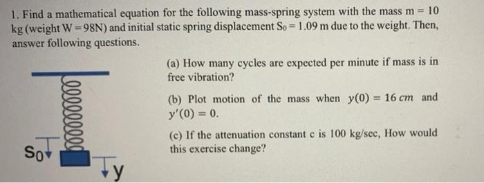 1 Find A Mathematical Equation For The Following Mass Spring System With The Mass M 10 Kg Weight W 98n And Initial 1