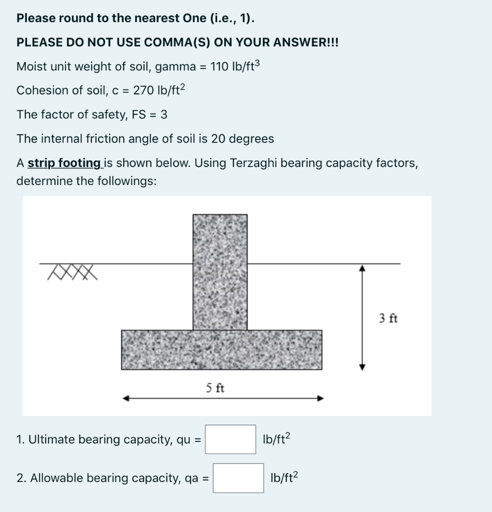 Please Round To The Nearest One I E 1 Please Do Not Use Comma S On Your Answer Moist Unit Weight Of Soil Gamma 1