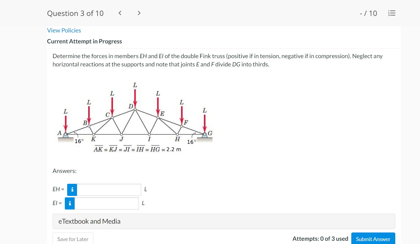 Determine The Forces In Members Eh And Ei Of The Double Fink Truss Positive If In Tension Negative If In Compression 1