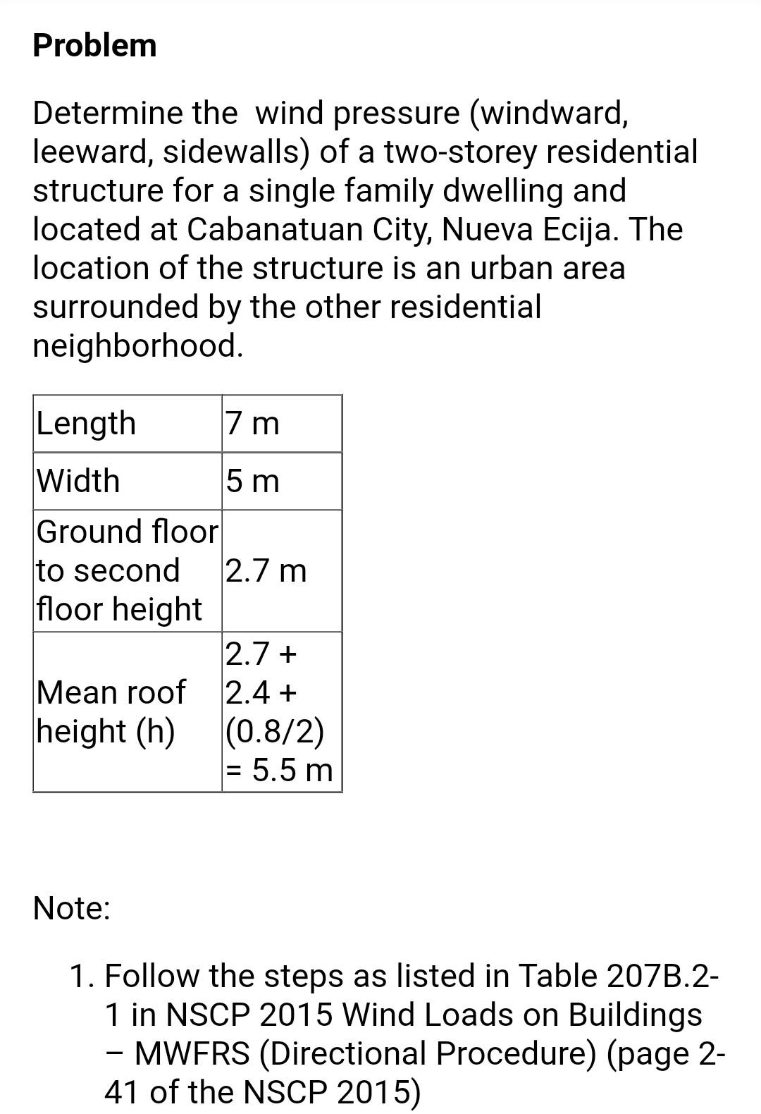 Problem Determine The Wind Pressure Windward Leeward Sidewalls Of A Two Storey Residential Structure For A Single Fa 1