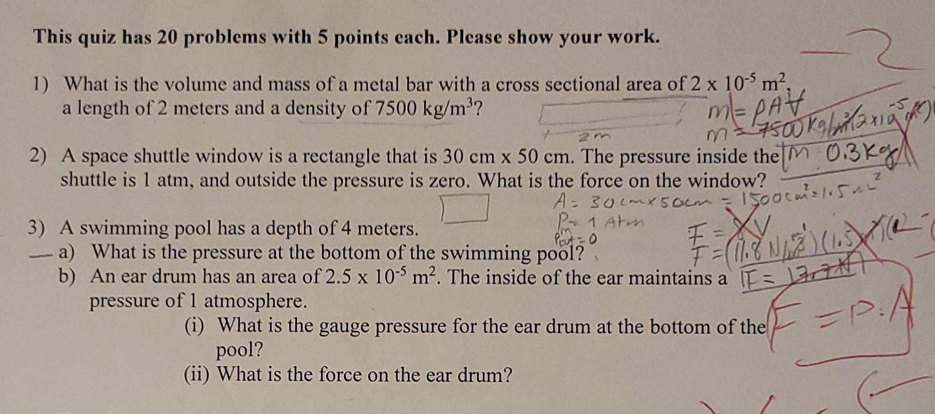 This Quiz Has 20 Problems With 5 Points Each Please Show Your Work M Pav M 4500kg Baru 1 What Is The Volume And M 1