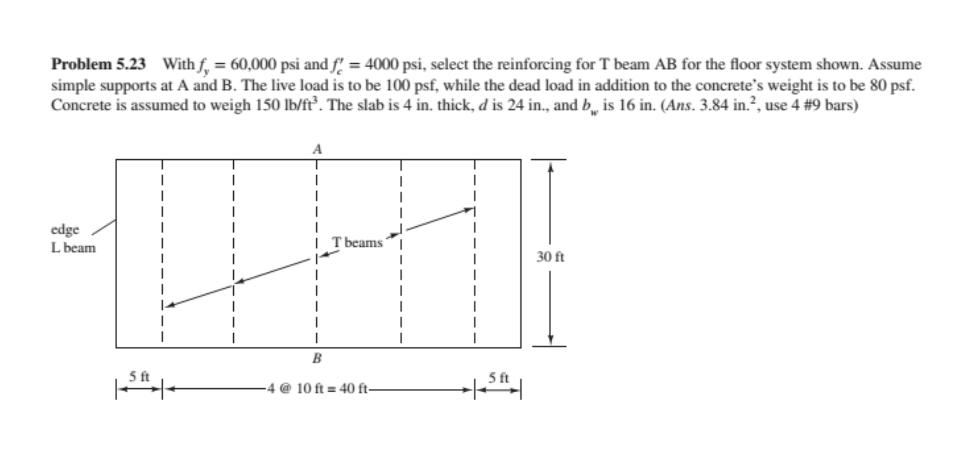 Problem 5 23 With F 60 000 Psi And F 4000 Psi Select The Reinforcing For T Beam Ab For The Floor System Shown Ass 1