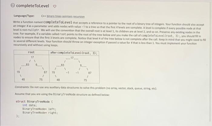 Complete Tolevel Language Type C Binary Trees Pointers Recursion Write A Function Named Completetolevel That Accepts A 1