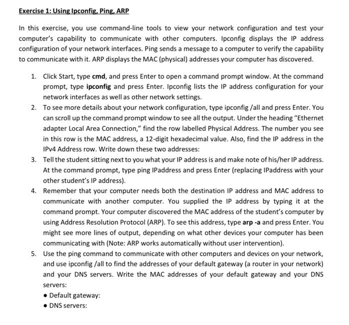 Exercise 1 Using Ipconfig Ping Arp In This Exercise You Use Command Line Tools To View Your Network Configuration An 1