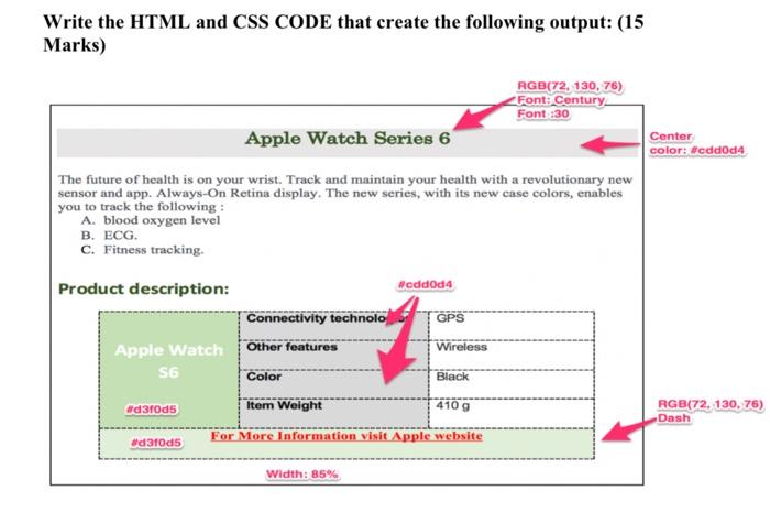 Write The Html And Css Code That Create The Following Output 15 Marks Rgb 72 130 76 Font Century Font 30 Apple Wa 1