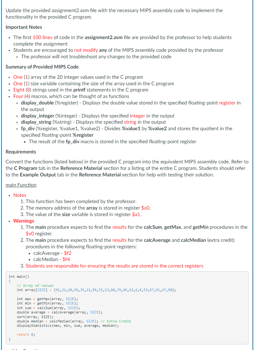 Update The Provided Assignment2 Asm File With The Necessary Mips Assembly Code To Implement The Functionality In The Pro 1