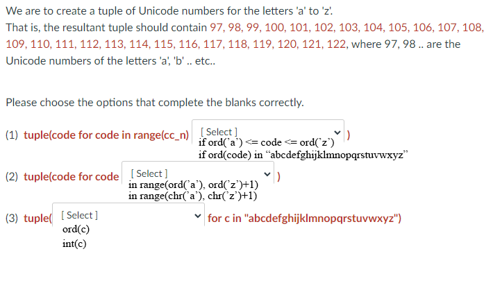 We Are To Create A Tuple Of Unicode Numbers For The Letters A To Z That Is The Resultant Tuple Should Contain 97 1