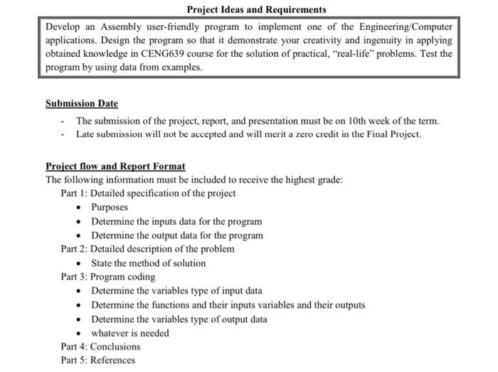 Project Ideas And Requirements Develop An Assembly User Friendly Program To Implement One Of The Engineering Computer Ap 1