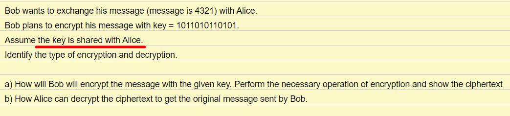 Bob Wants To Exchange His Message Message Is 4321 With Alice Bob Plans To Encrypt His Message With Key 101101011010 1