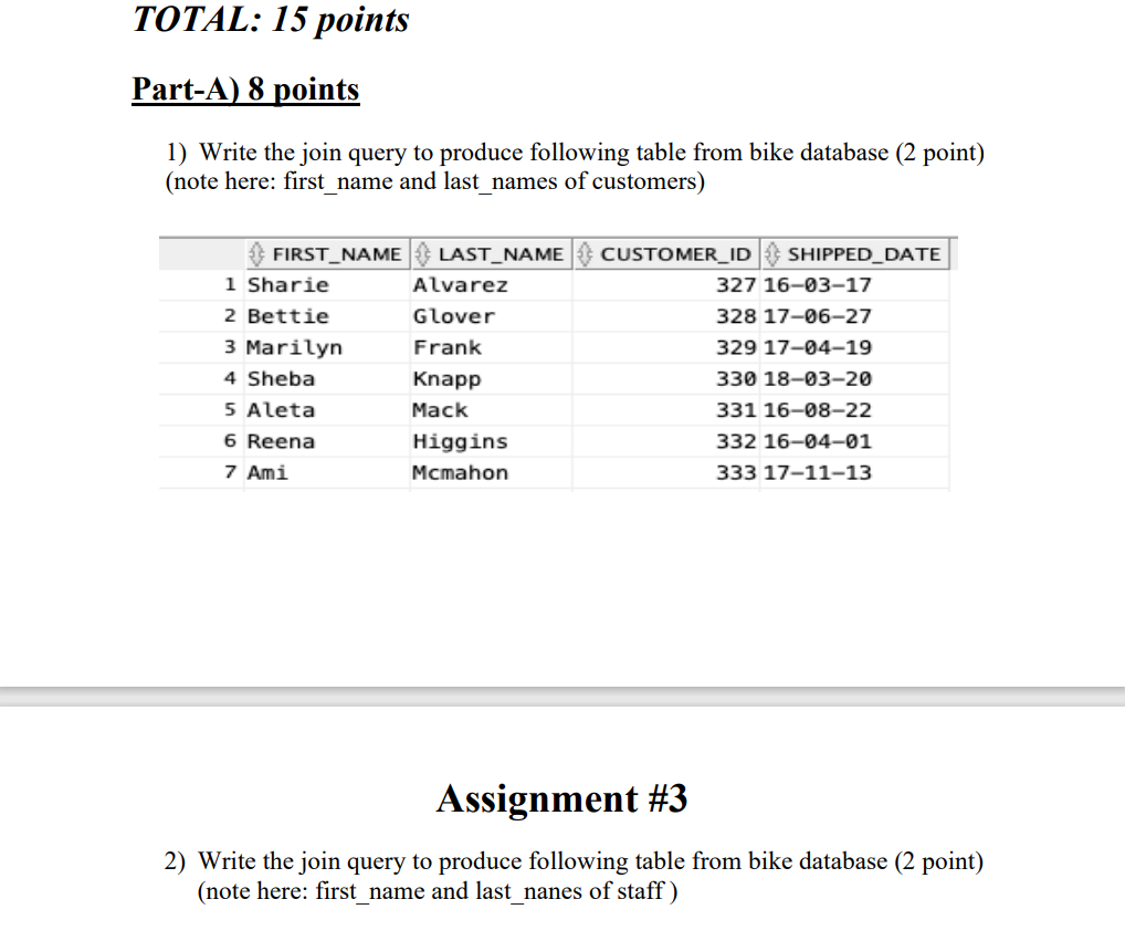 Total 15 Points Part A 8 Points 1 Write The Join Query To Produce Following Table From Bike Database 2 Point Note 1